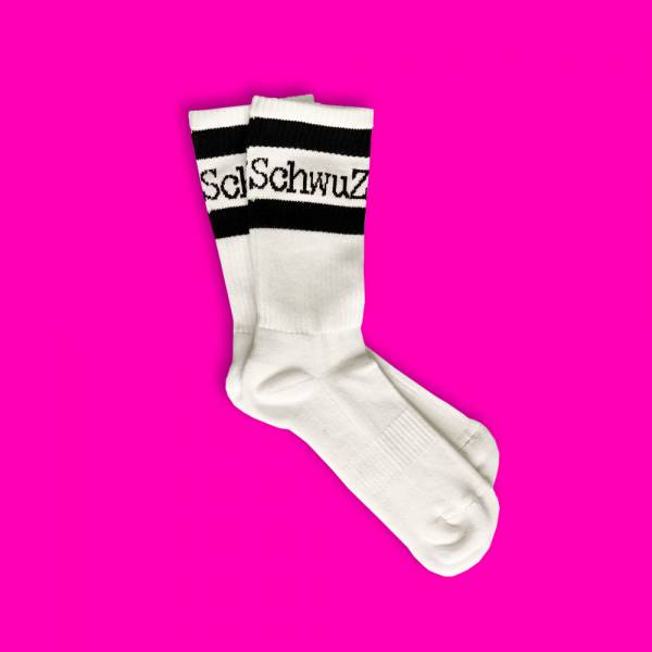 Socken in Weiss mit schwarzem SchwuZ Logo